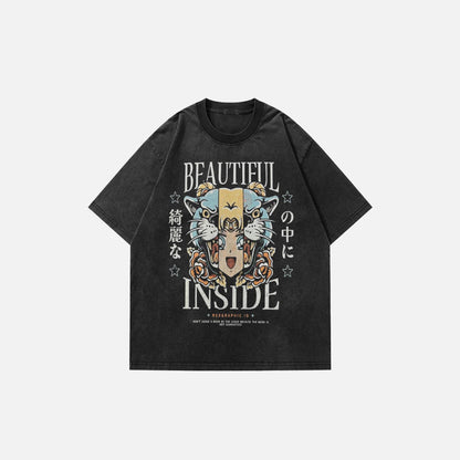Front view of the black Inner Roar T-shirt in a gray background