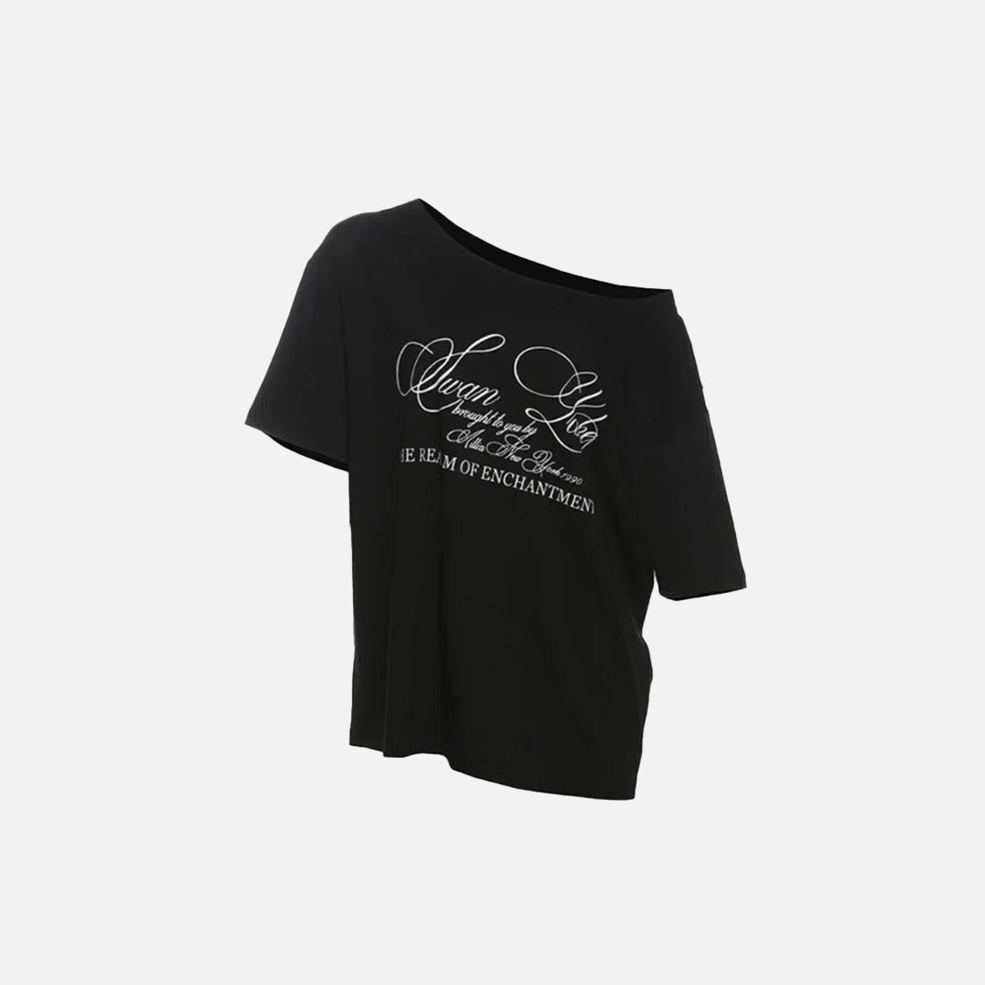 Front view of the black Swan Lake Tale T-Shirt in a gray background