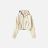 Front view of the grey apricot Women's Fleece Zip-up Hoodie in a gray background 