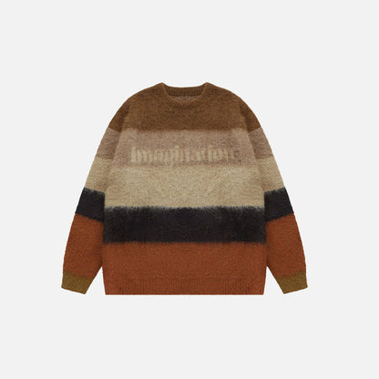 Front view of the cream Fuzzy Loose Striped Contrast Color Sweater in a gray background 