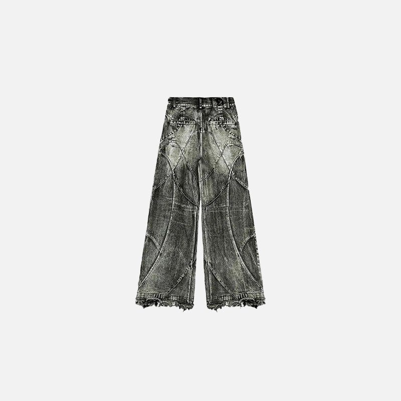 Back view of the light green Patchwork Flare Jeans Ina gray background