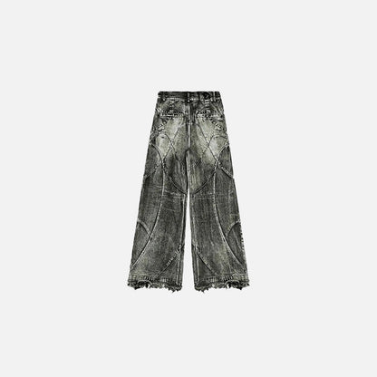 Back view of the light green Patchwork Flare Jeans Ina gray background