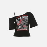Y2K Letter Print Off Shoulder T-Shirt