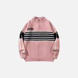 Front view of the pink Striped Zip-Up Sweater in a grag background