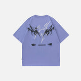 Back view of the purple Tribal Fire T-shirt in a gray background