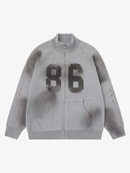 86 Graphic Eyelet Zip Knit Cardigan; Gray / S, Gray / M, Gray / L, Gray / XL
