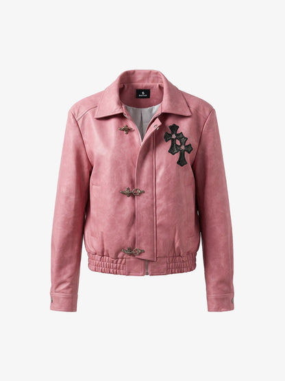 Cross Embroidered Color Block Cropped Biker Jacket; Pink / S, Pink / M, Pink / L, Pink / XL, Pink / 2XL, Pink / 3XL