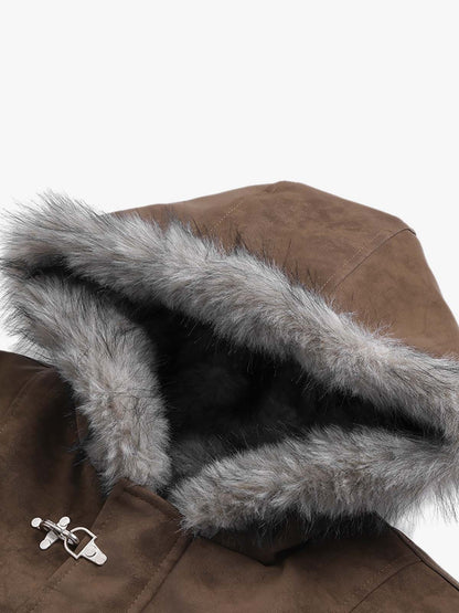 Faux-Fur Collar Aviation Buckle Jacket; Coffee / M, Coffee / L, Coffee / XL, Coffee / 2XL