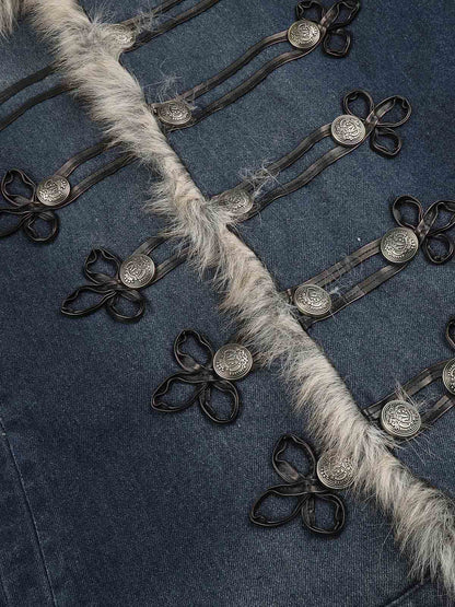 Faux-Fur Collar Multi-Button Quilted Coat; Blue / S, Blue / M, Blue / L, Blue / XL
