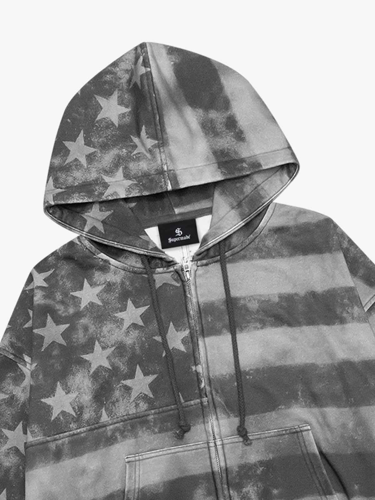 Distressed Star Stripe Graphic Zip-Up Hoodie; Gray / S, Gray / M, Gray / L, Gray / XL