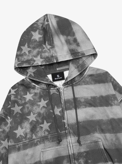Distressed Star Stripe Graphic Zip-Up Hoodie; Gray / S, Gray / M, Gray / L, Gray / XL