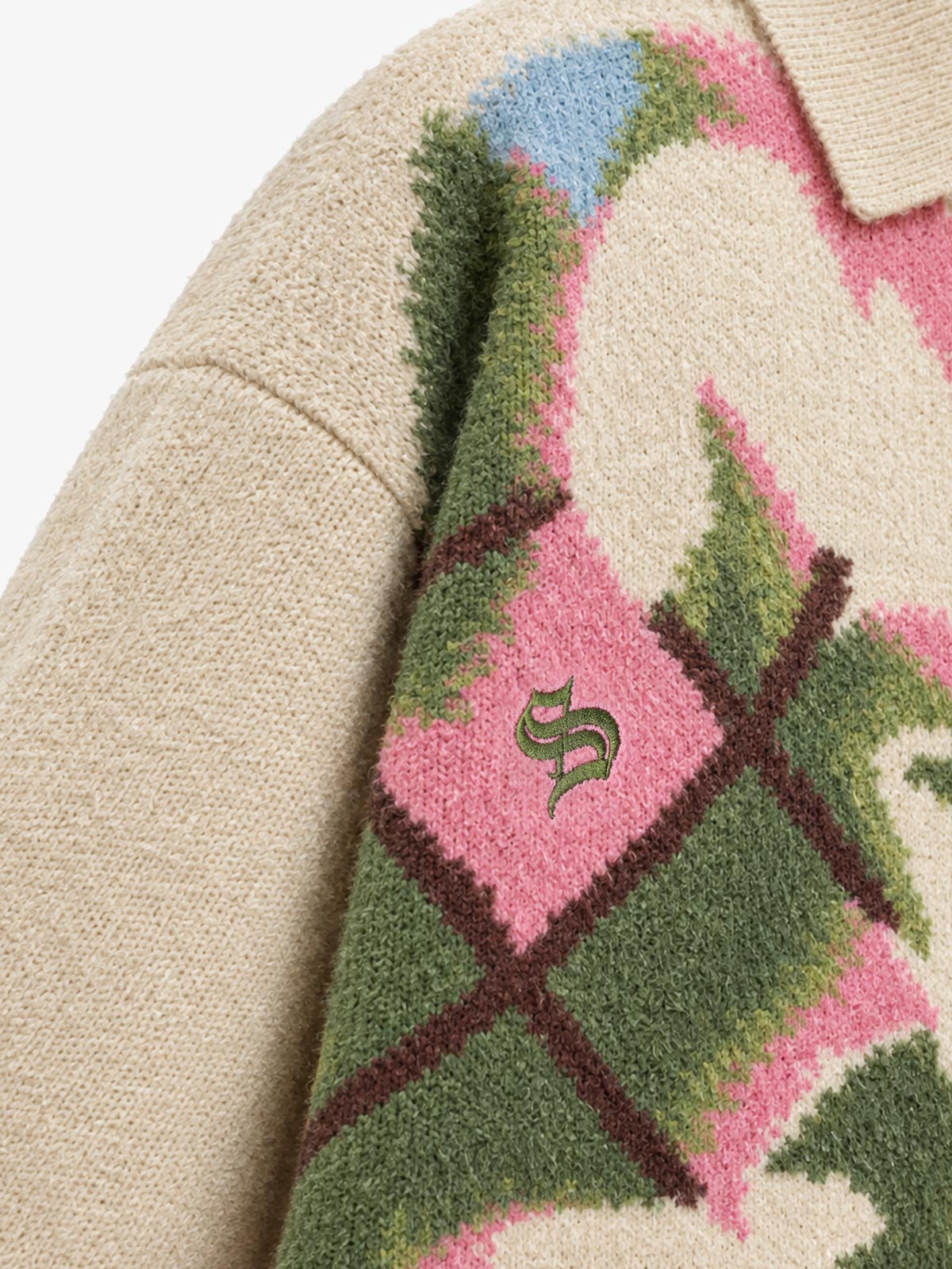 Art Story Graphic Jacquard Knit Polo Sweater; Apricot / S, Apricot / M, Apricot / L, Apricot / XL, Apricot / 2XL