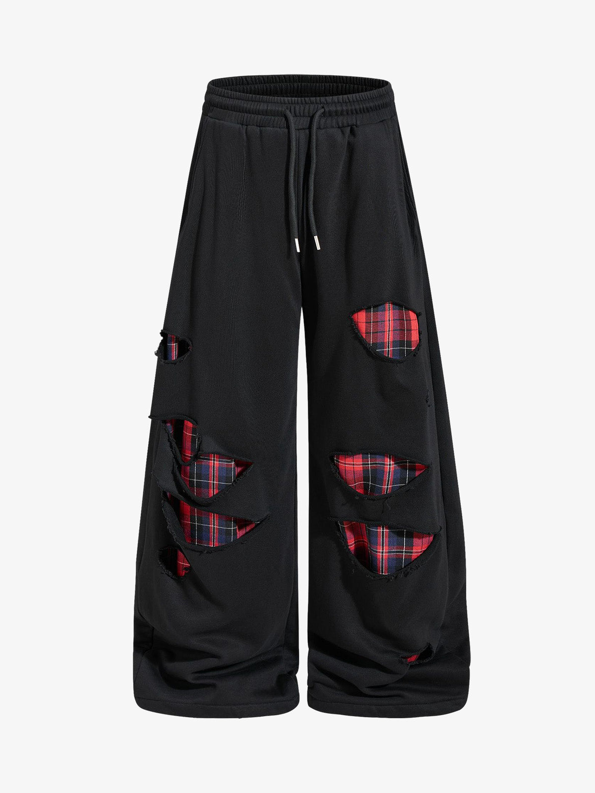 Plaid Patch Distressed Wide-Leg Sweatpants