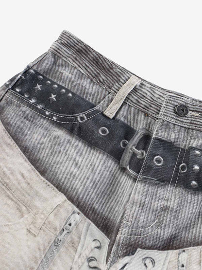 3D Print Double Waist Barrel Baggy Jeans; White / S, White / M, White / L, White / XL