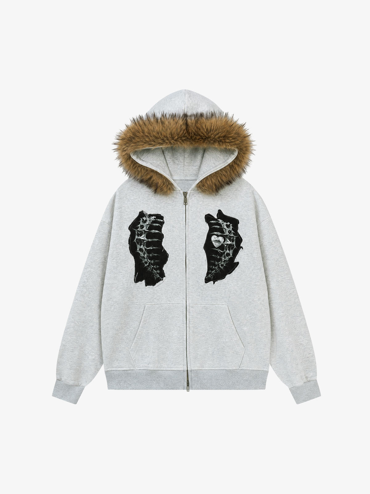 Metal Skeleton Fur Zip-Up Hoodie