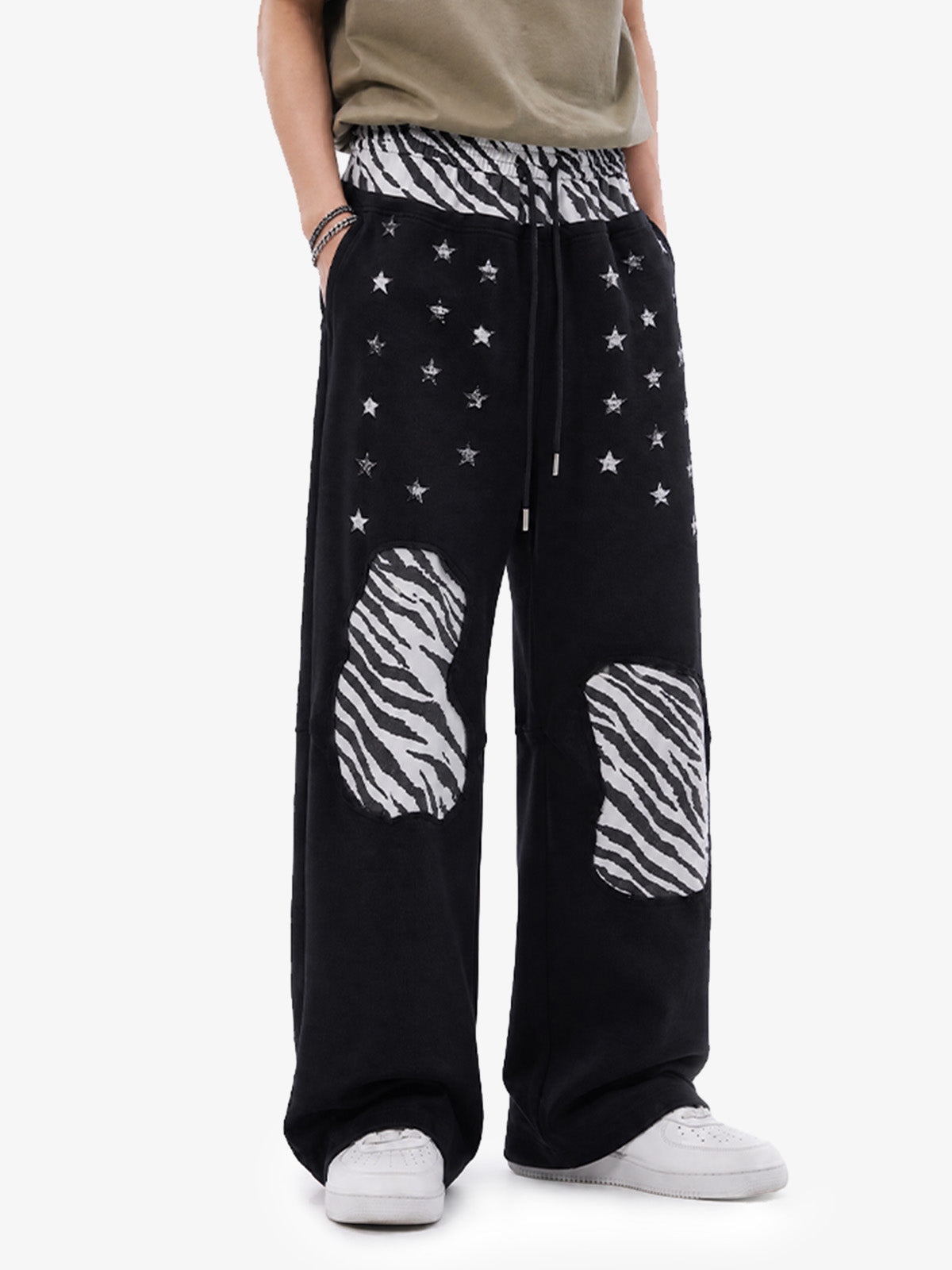 Zebra Patch Star Graphic Wide-Leg Sweatpants; Black / S, Black / M, Black / L, Black / XL