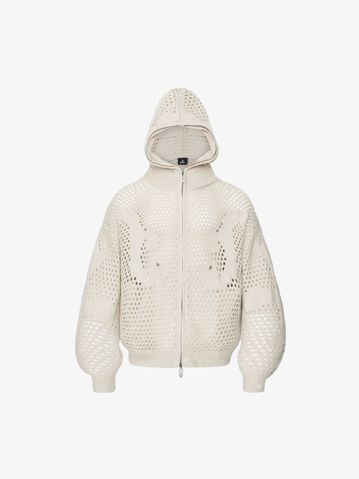 Knit Mesh Studded Boxy Zip-Up Hoodie; Beige / S, Beige / M, Beige / L, Beige / XL