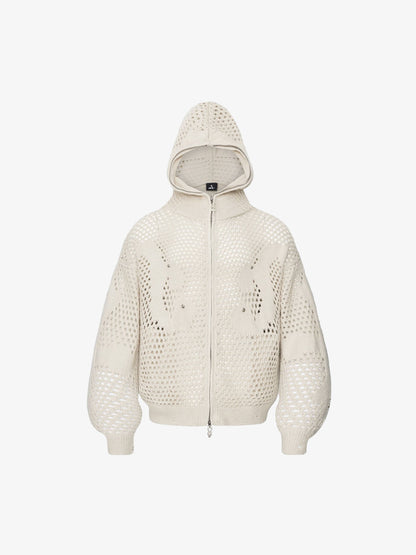 Knit Mesh Studded Boxy Zip-Up Hoodie; Beige / S, Beige / M, Beige / L, Beige / XL