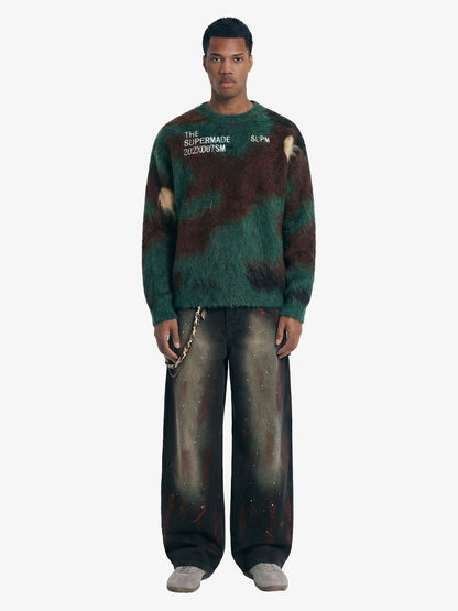 Vintage Inkjet Dirty Dye Washed Scimitar Distressed Jeans; Black / S, Black / M, Black / L, Black / XL, Black / 2XL, Black / 3XL