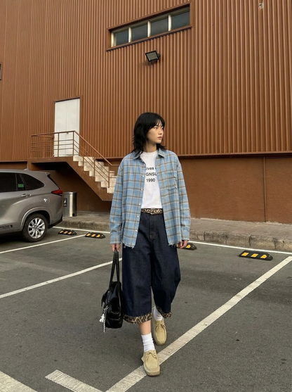 Women Streetwear Cool Color Blocked Grid Chic Cotton Shirt