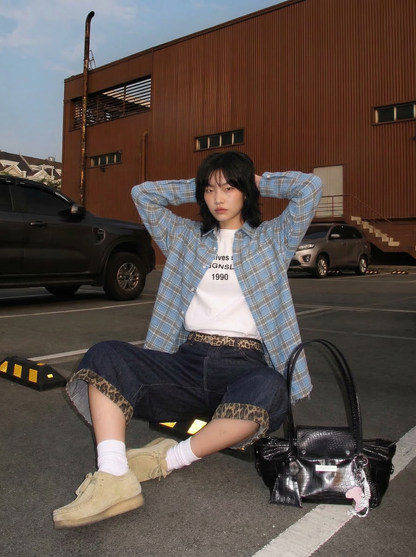 Women Streetwear Cool Color Blocked Grid Chic Cotton Shirt