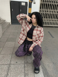 Women Vintage Plaid Oversize Long Sleeve Shirt