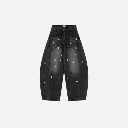 Stylish Star Embellished Curved Wide Leg Jeans