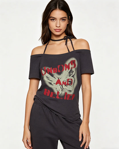 Distressed Graphic Off-Shoulder Tee