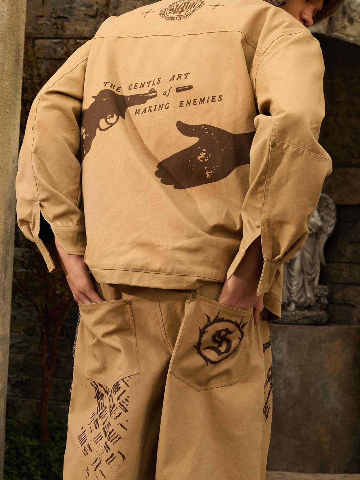 Supermade “Your God Is Not Here” Slogan Print Color-Blocked Embroidered Retro Canvas Jacket; Khaki / S, Khaki / M, Khaki / L, Khaki / XL, Khaki / 2XL