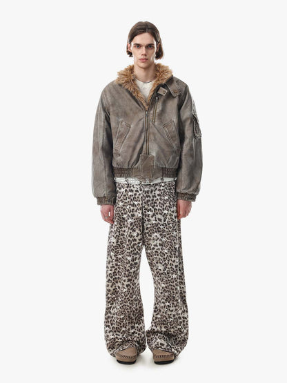 Washed High-Collar Multi-Zip Bomber Coat