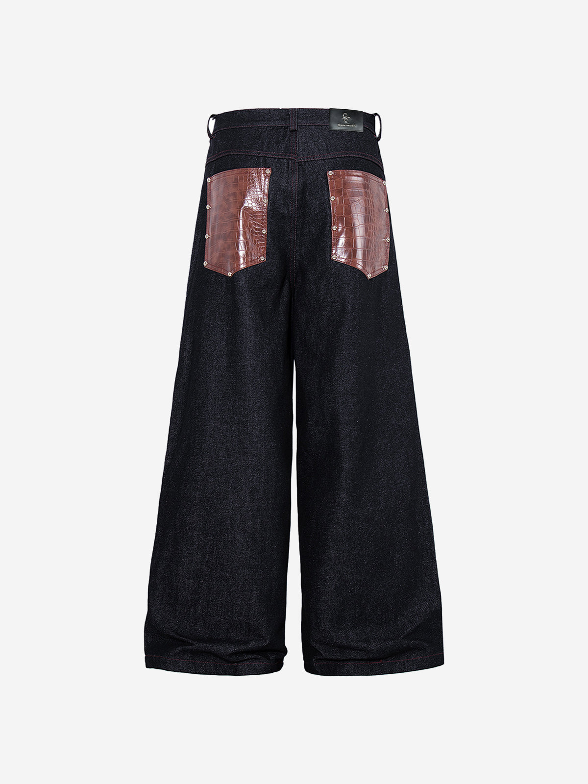 Leather Patchwork Studded Loose-Fit Jeans; Black / M, Black / L, Black / XL, Black / 2XL