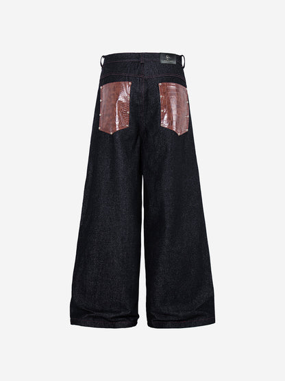 Leather Patchwork Studded Loose-Fit Jeans; Black / M, Black / L, Black / XL, Black / 2XL