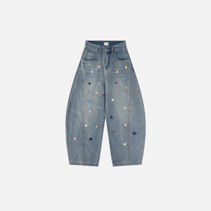 Stylish Star Embellished Curved Wide Leg Jeans