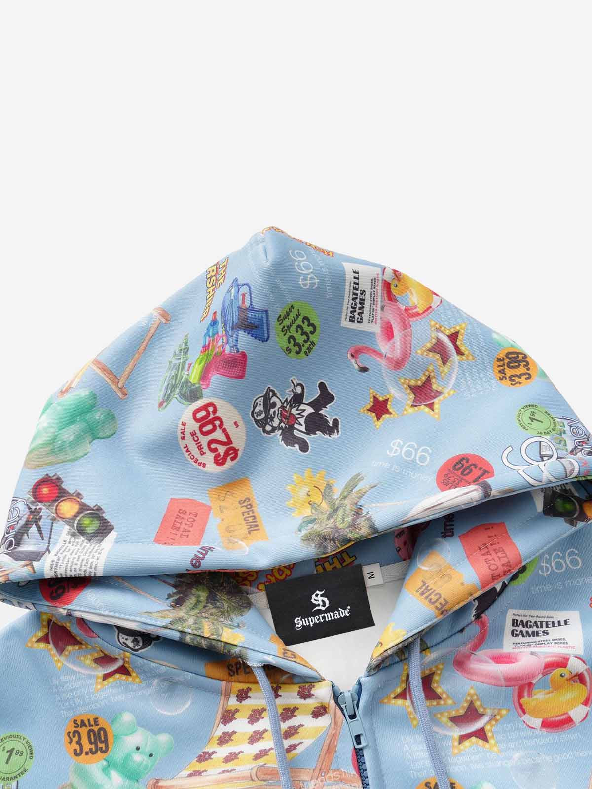 Retro Toy Collage Graphic Oversized Zip Hoodie; Blue / M, Blue / L, Blue / XL