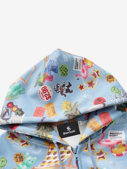 Retro Toy Collage Graphic Oversized Zip Hoodie; Blue / M, Blue / L, Blue / XL
