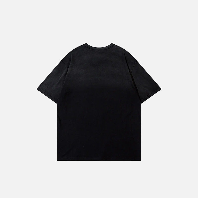 Back view of the black Gothic Loose Sun Spirit Graphic T-Shirt in a gray background 