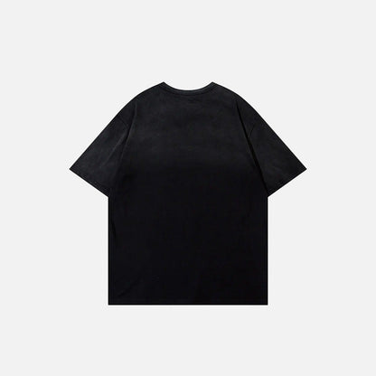 Back view of the black Gothic Loose Sun Spirit Graphic T-Shirt in a gray background 
