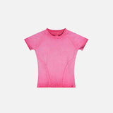 Front view of the pink Women's Retro Elastic T-Shirt in a gray background