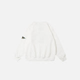Back view of the white Battle Vibes Camo Sweatshirt in a gray background