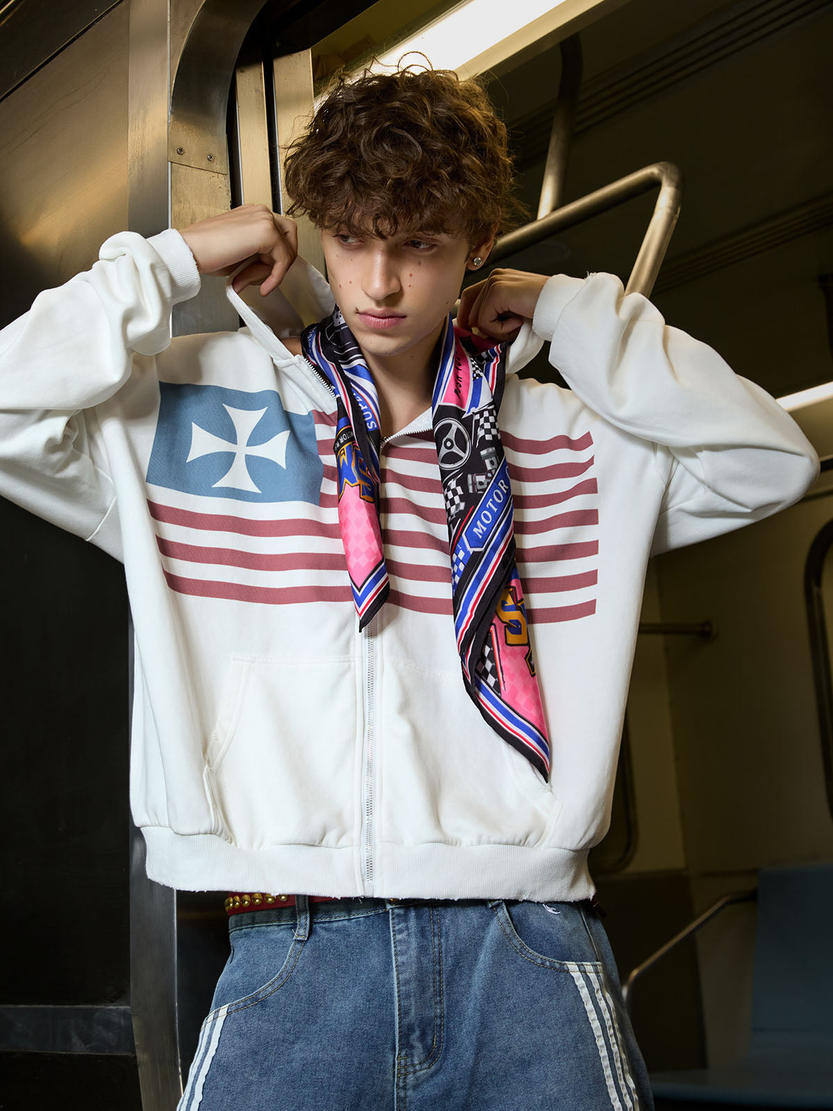 Cropped Flag Zip Hoodie; Terry Wash White / M, Terry Wash White / L, Terry Wash White / XL, Terry Wash White / 2XL