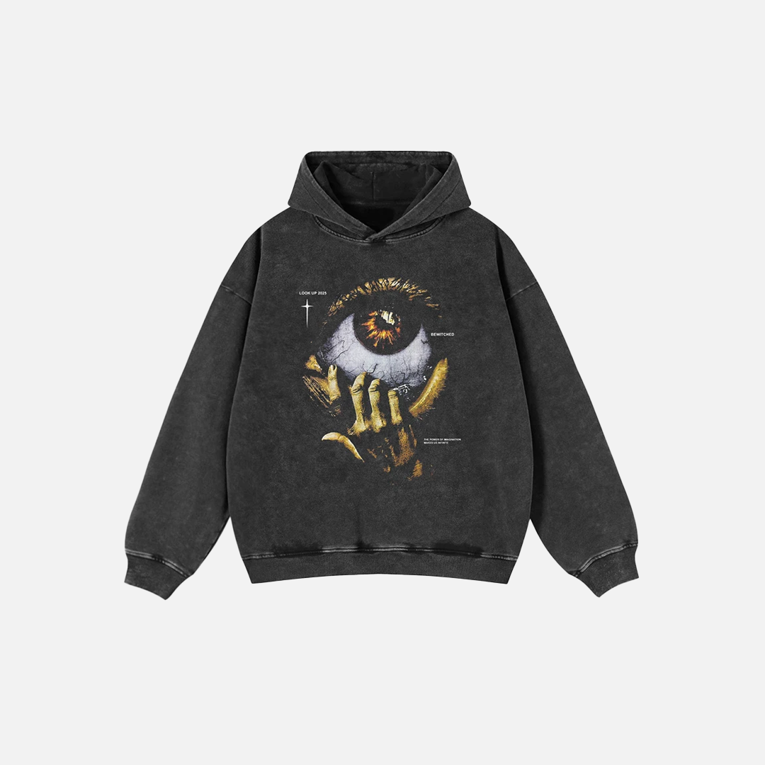 Oversized Faded Black Evil Eye Graphic Hoodie