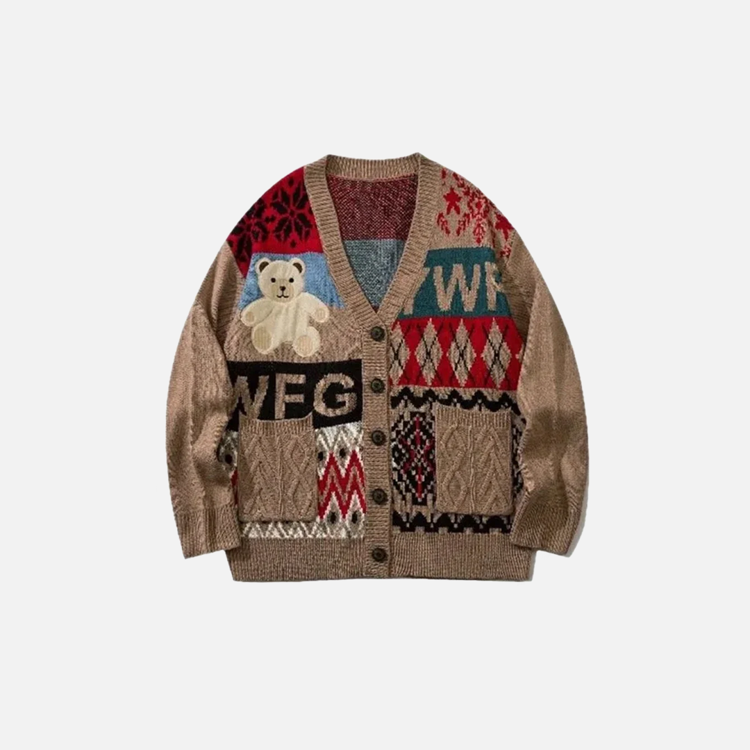 Embroidered Bear Knit Cardigan Sweater