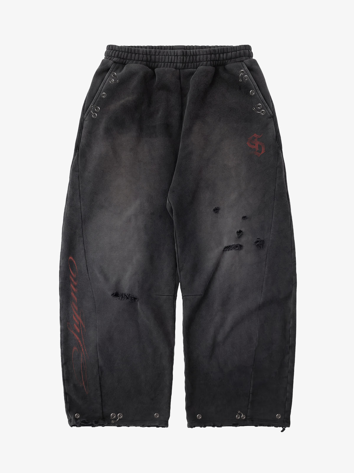 Faux Tongue-Stud Washed Distressed Baggy Pants; Basic Black / S, Basic Black / M, Basic Black / L, Basic Black / XL, Basic Black / 2XL