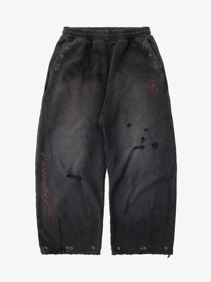 Faux Tongue-Stud Washed Distressed Baggy Pants; Basic Black / S, Basic Black / M, Basic Black / L, Basic Black / XL, Basic Black / 2XL