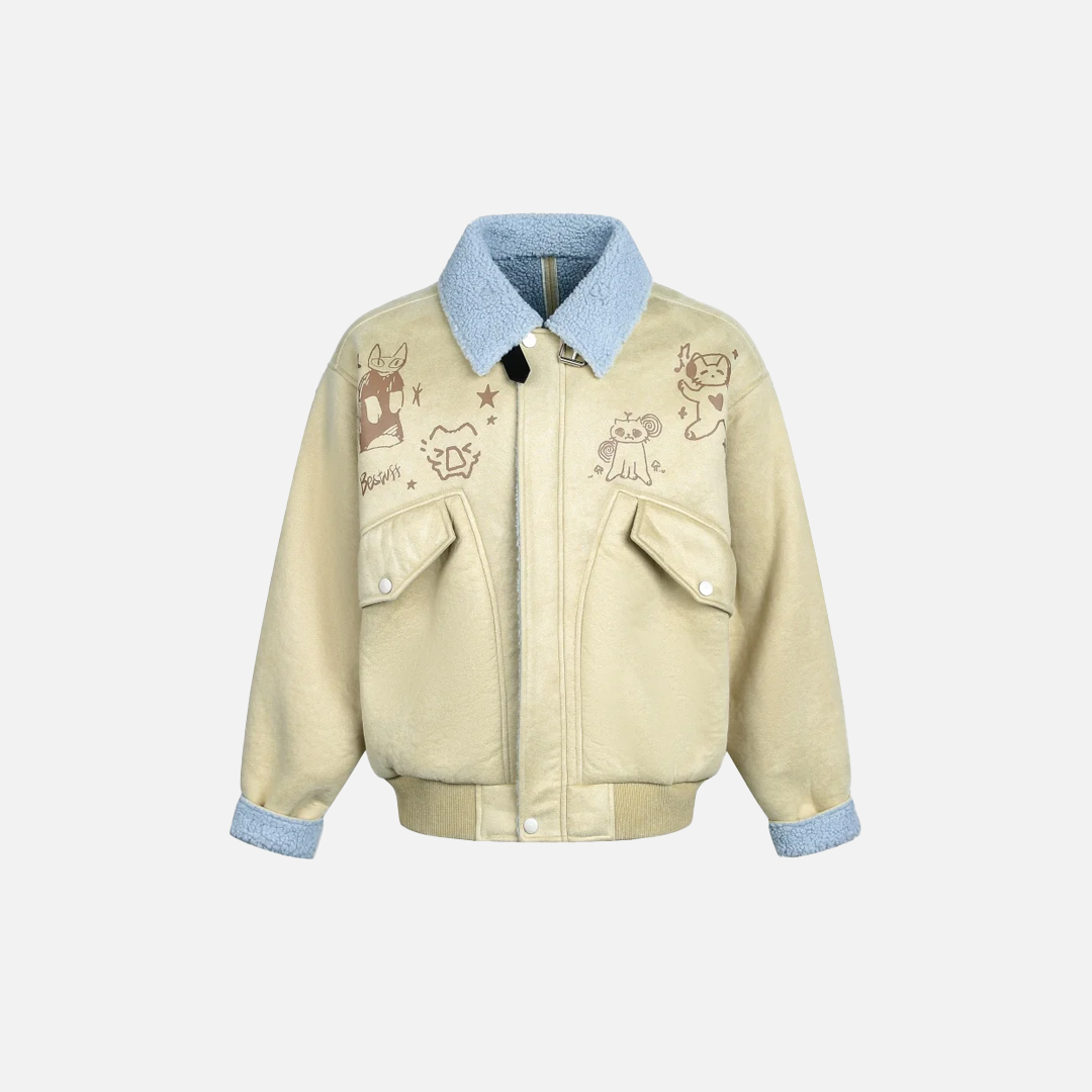 Vintage Cartoon Cat Print Sherpa Faux Fur Jacket