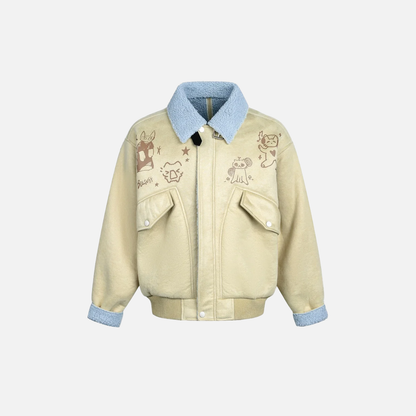 Vintage Cartoon Cat Print Sherpa Faux Fur Jacket