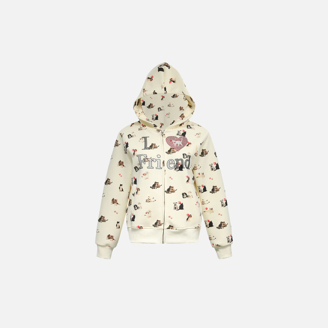 Whimsical Animal Zip-Up Print Hooded Sweatshirt