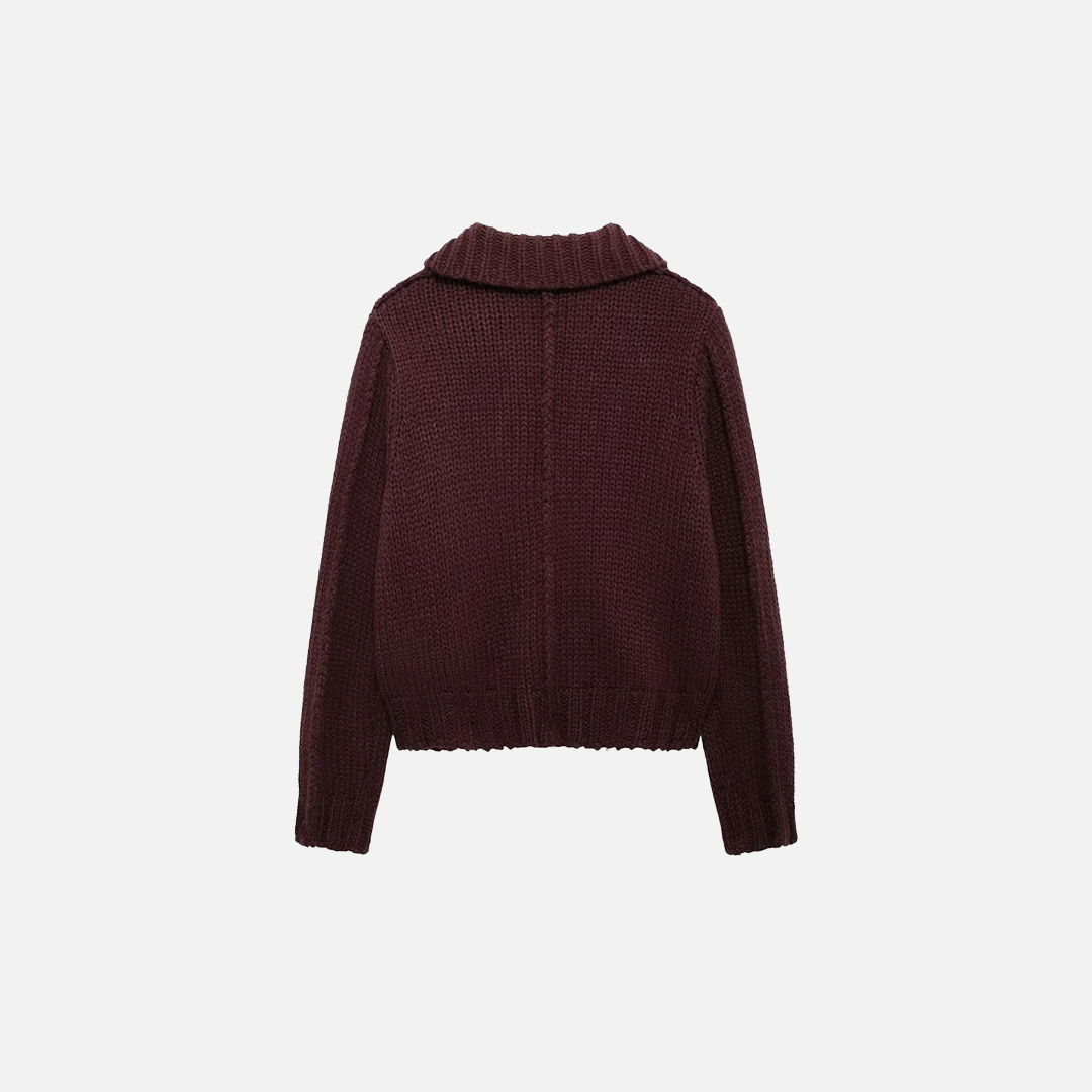 Fashionable Wine Red Knitted Lapel Neck Cardigan