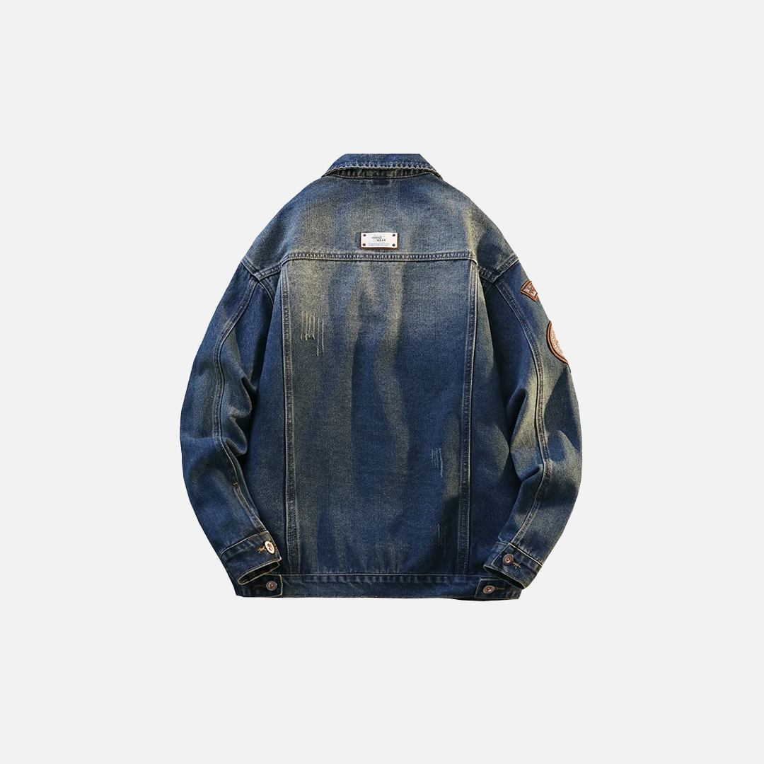 Embroidered Turn Down Collar Loose Denim Jacket