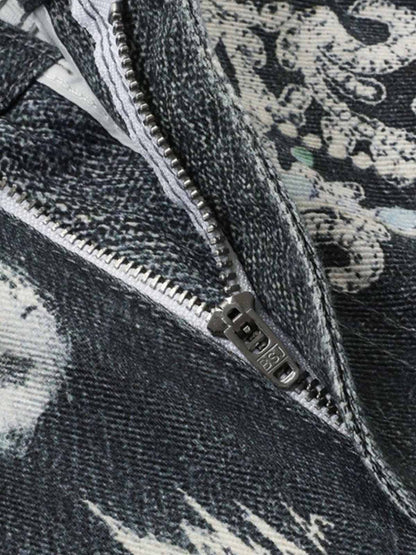 Digital 3D Graphic Distressed Denim Jeans; Black / S, Black / M, Black / L, Black / XL, Black / 2XL